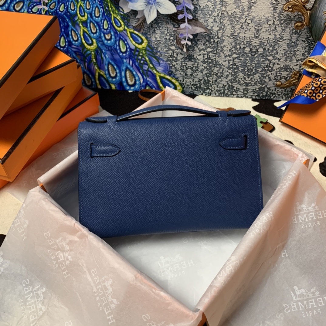 Hermes Mini Kelly Pochette 22cm Bag In Blue Nuit Epsom Leather